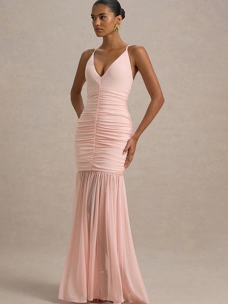 Women's Patchwork V-Neck Maxi Dress – Backless High-Waist Ruched Evening Gown
