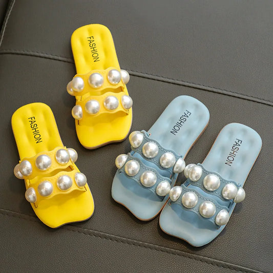 2025 Girls’ Summer Pearl Slides – Matching Mom and Daughter Beach Slippers, Princess Style Family Shoes