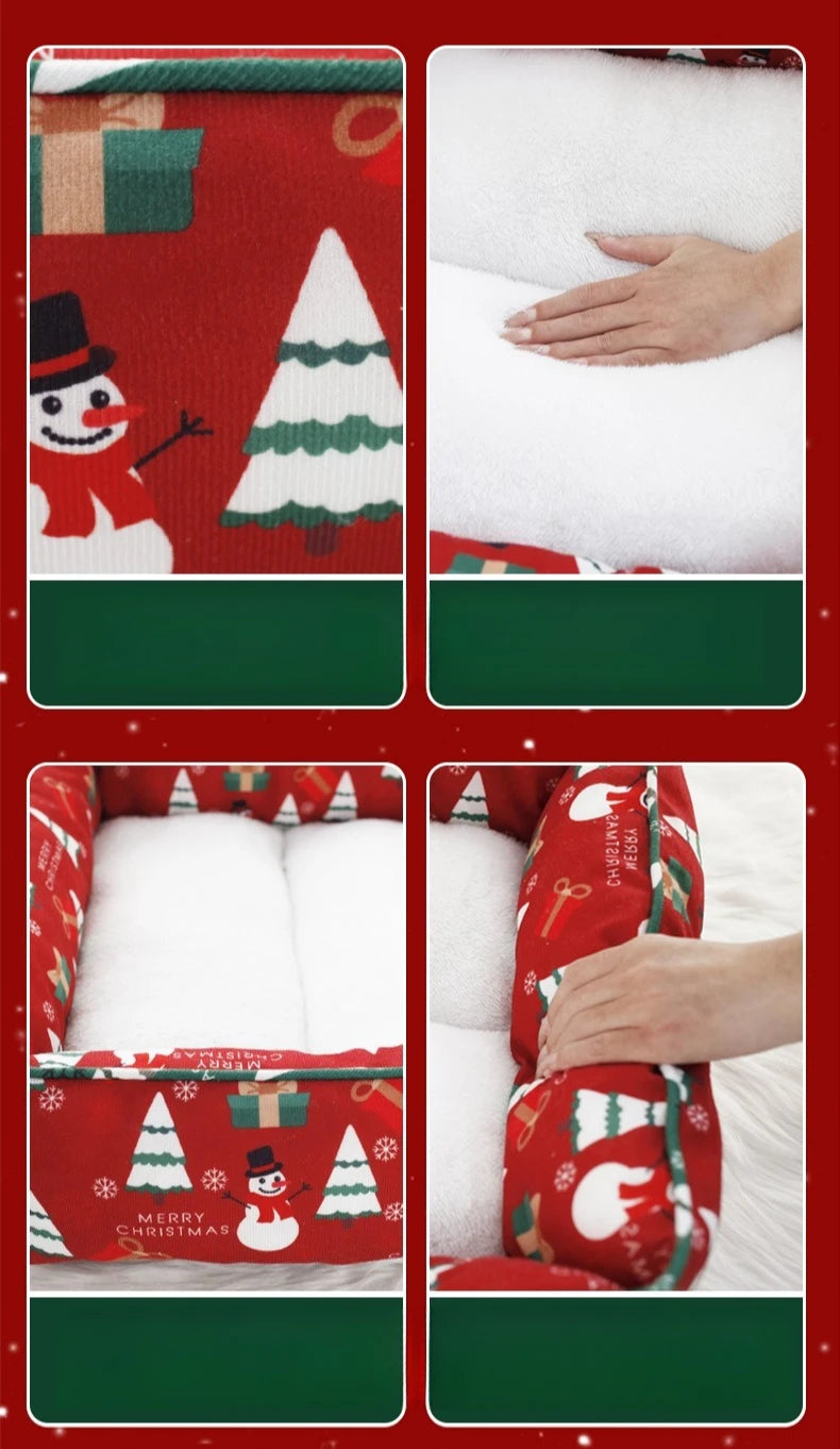 Christmas Cat and Small Dog Bed with Raised Bolster Sides and Soft Sleeping Cushion, Festive Indoor Pet Nest