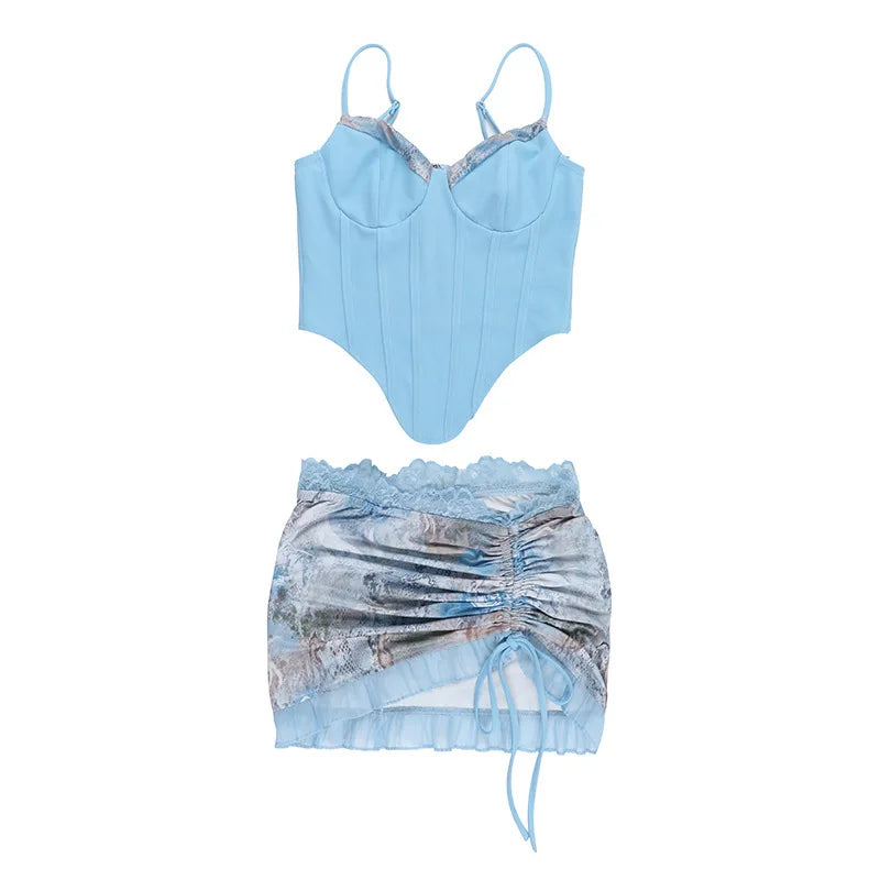 Women’s 2 Piece Summer Outfit Set, V Neck Backless Crop Top and Pleated Mini Skirt, Casual Matching Set, Trendy Streetwear Fashion Clothing