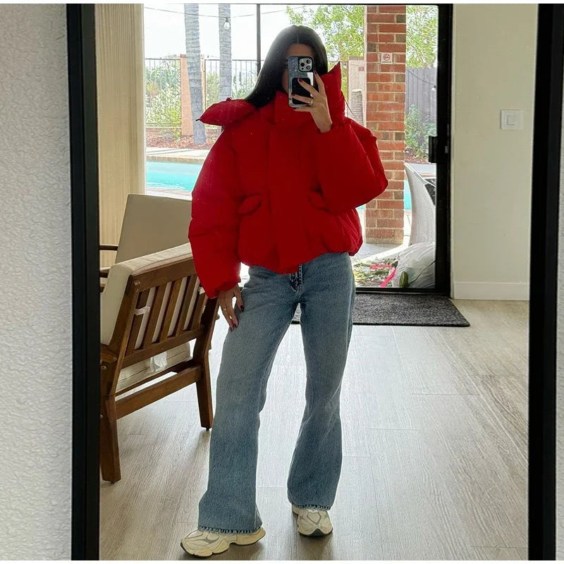 Women’s Hooded Cotton Winter Jacket – Solid Color Short Coat with Zipper Pockets, Warm Casual Outerwear