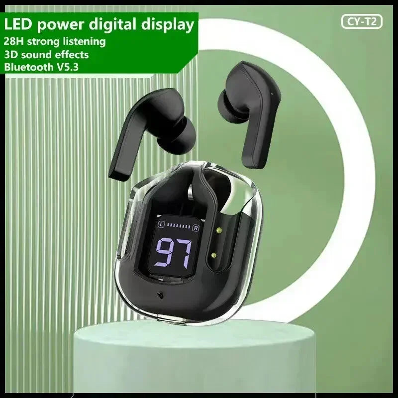 T2 Bluetooth 5.0 Wireless Earbuds, HiFi Stereo Sound, Transparent Case, LED Power Display Headphones