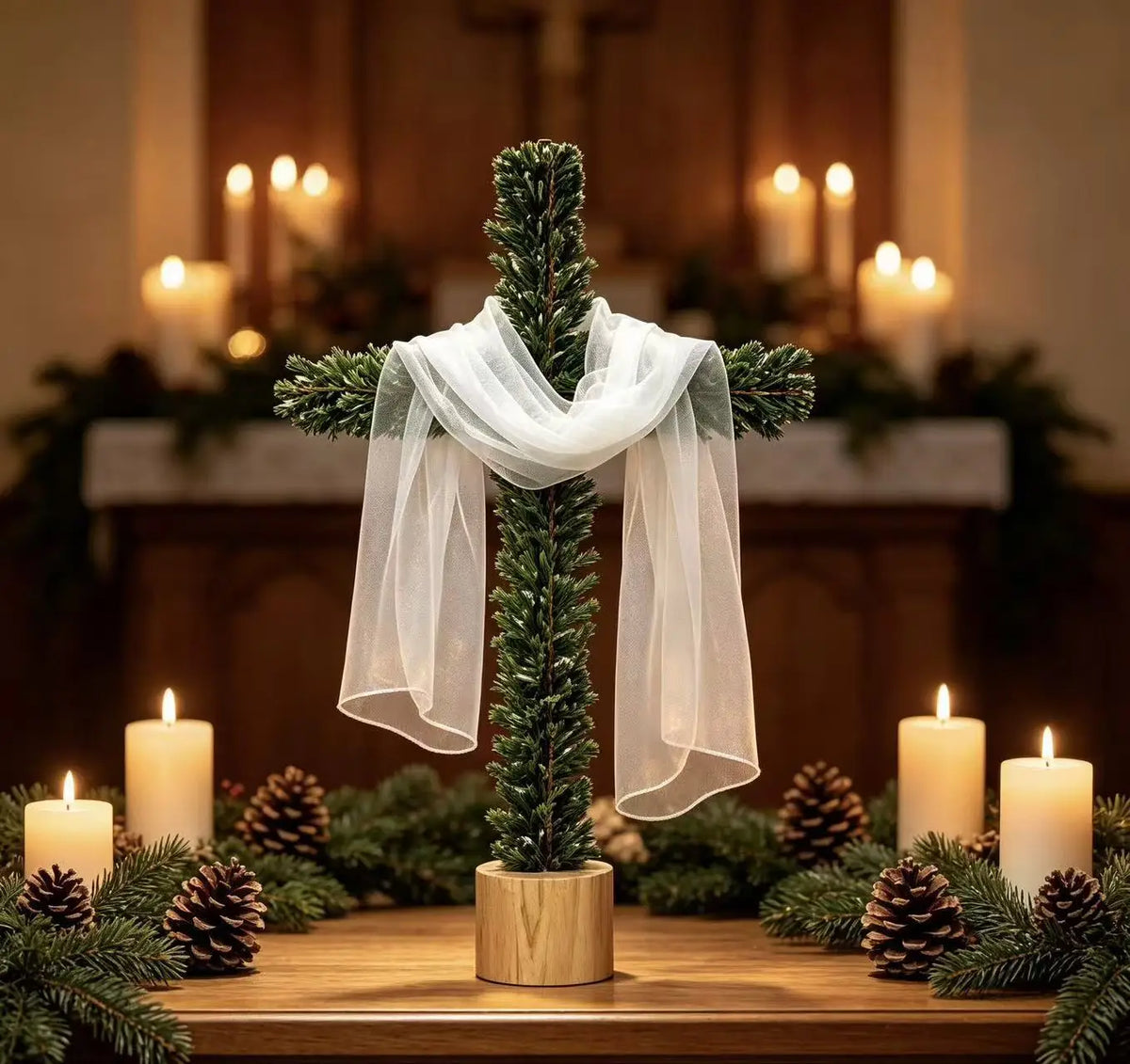 Artificial Pine-Style Greenery Cross with White Fabric Drape and Wood-Look Base for Christmas, Easter and Religious Tabletop Decor