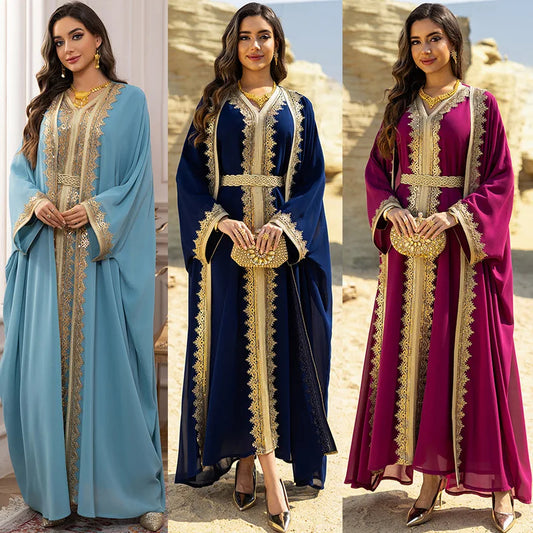 Eid Women’s Abaya Dress – 2-Piece Muslim Set with Inner Dress and Lace-Up Cardigan, Moroccan Kaftan Jalabiya for Ramadan 2025