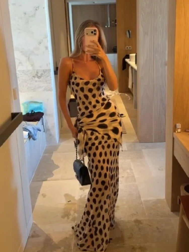 Women's Elegant Animal Print Maxi Dress with Detachable Scarf – Spaghetti Strap, Tie Waist, Slim Fit, Sleeveless Long Dress for Summer, Vacation, Party & Holiday