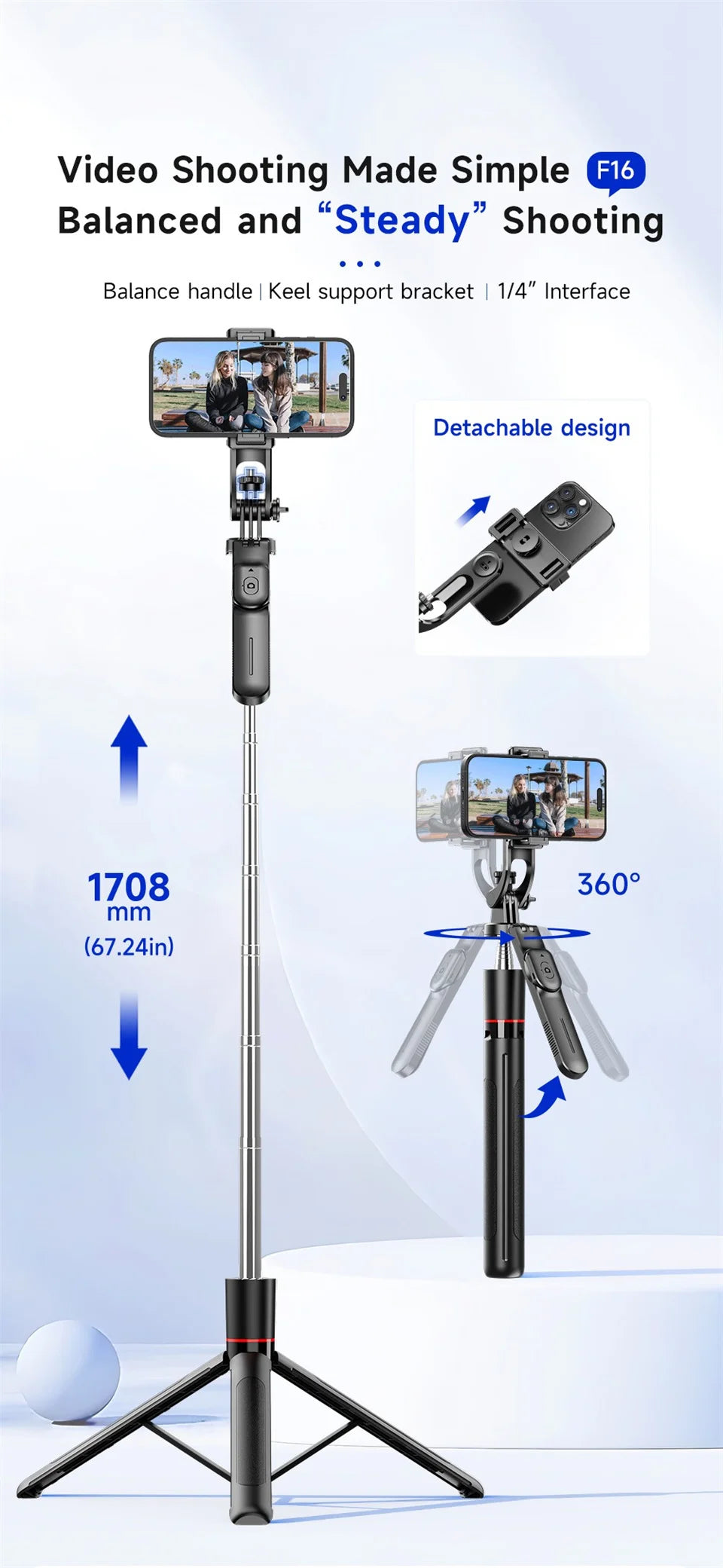 Wireless Selfie Stick Tripod with Bluetooth Remote and Fill Light