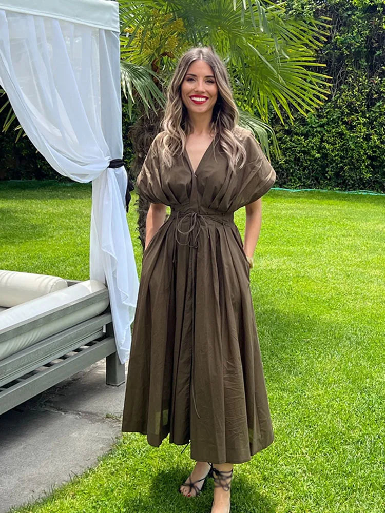 Women's Elegant V-Neck Long Dress – Short Sleeve Lace-Up Bow Waist Casual Dress