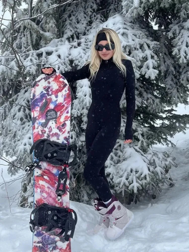 Women’s Warm Plush Winter Jumpsuit One-Piece Tracksuit – Long Sleeve Fitness Bodysuit for Gym, Skiing & Outdoor Wear