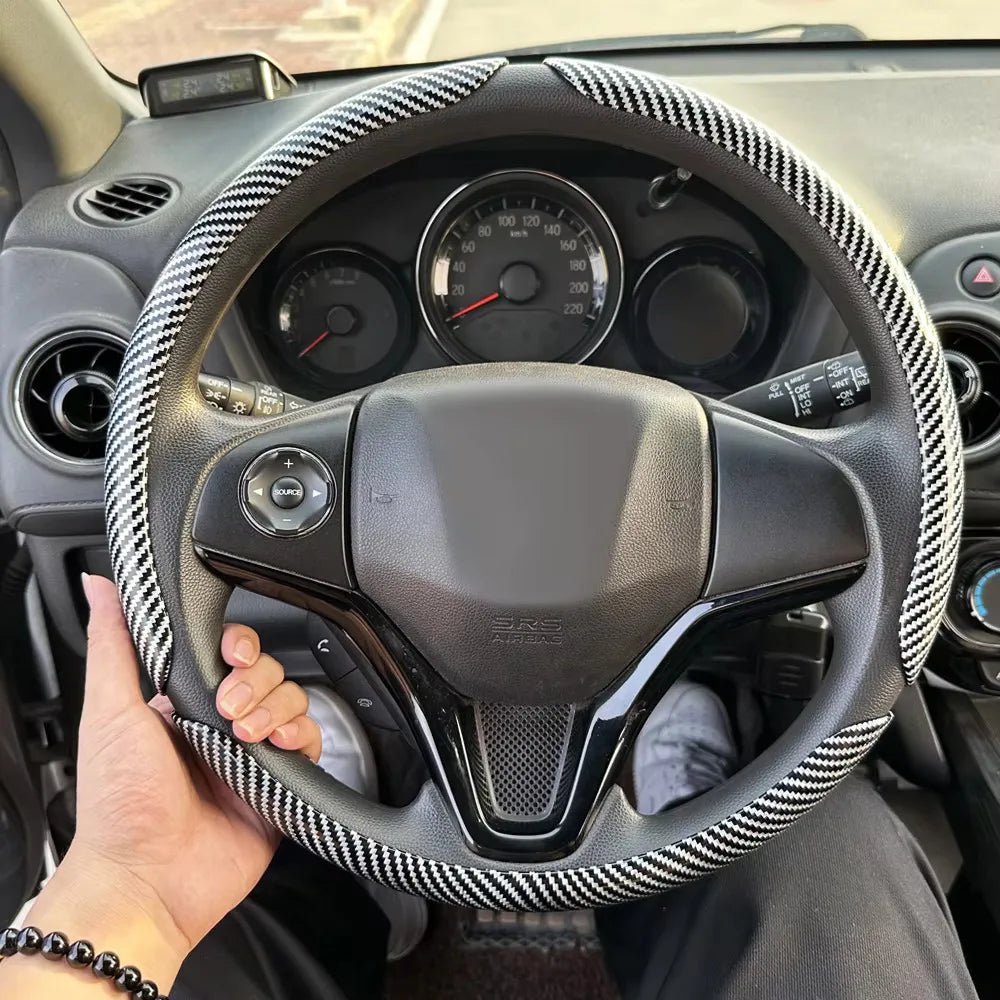 38 cm Car Steering Wheel Cover Set, 3-Piece Glossy Carbon Fiber Look Trim for Round Steering Wheels