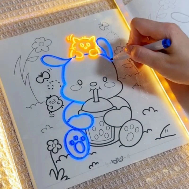 LED Acrylic Drawing Board for Kids – Glow Erasable Writing & Doodle Board with Stand, Reusable Memo Board, DIY Creative Toy, 7 Color Marker Pens