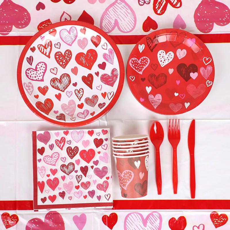 Love Heart Disposable Tableware Set – Paper Plates, Cups, Napkins & Tablecloth for Valentine’s Day, Wedding, Anniversary & Party Decor