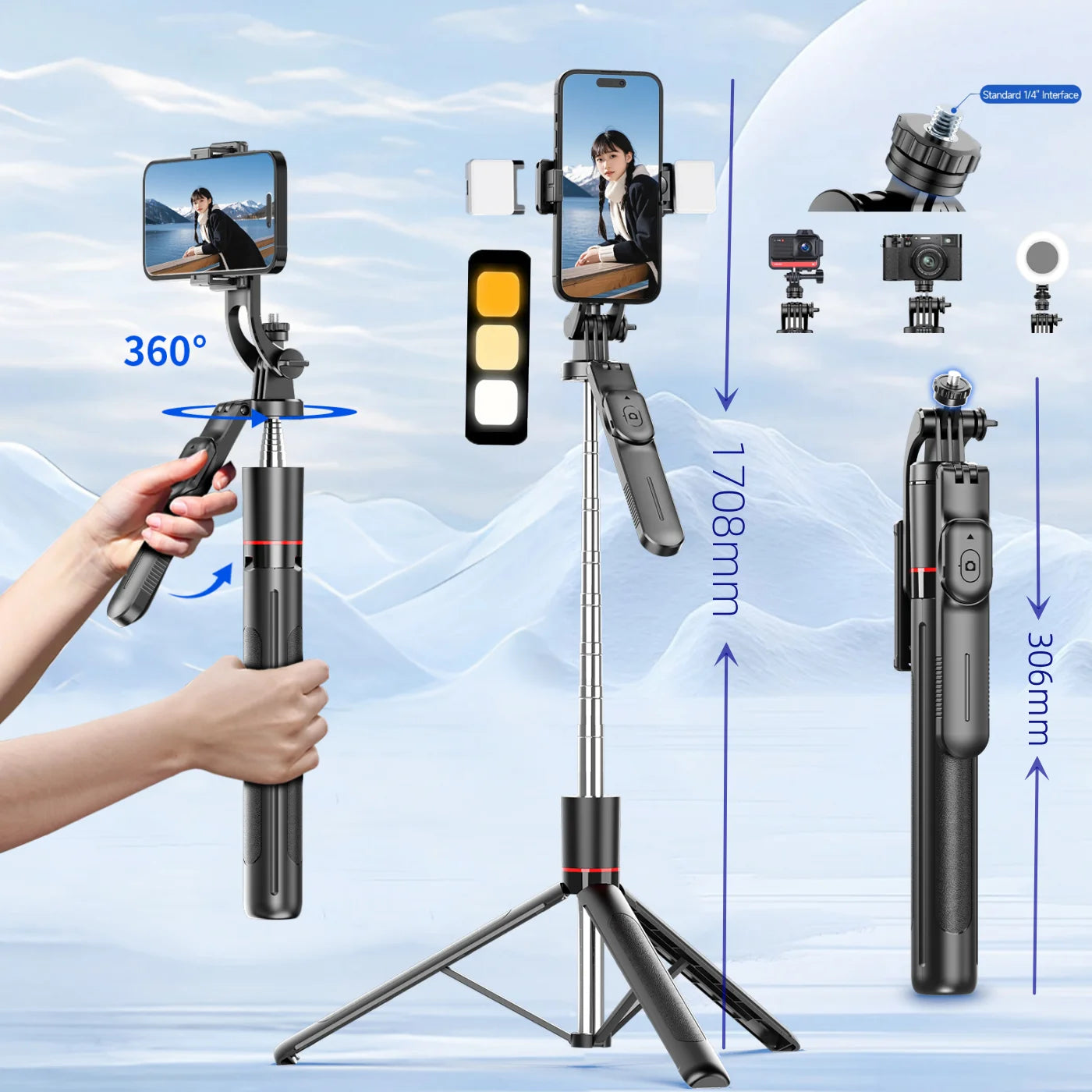 Wireless Selfie Stick Tripod with Bluetooth Remote and Fill Light