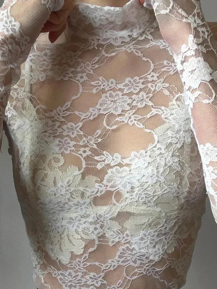 Women's Sheer Lace Top – Long Sleeve Rose Pattern, Slim Fit Fashion Blouse