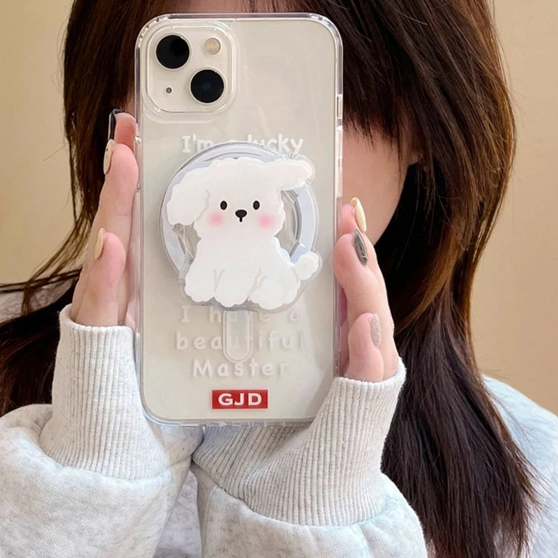 Korea Cute White Dog MagSafe Magnetic Phone Grip Tok with Foldable Stand