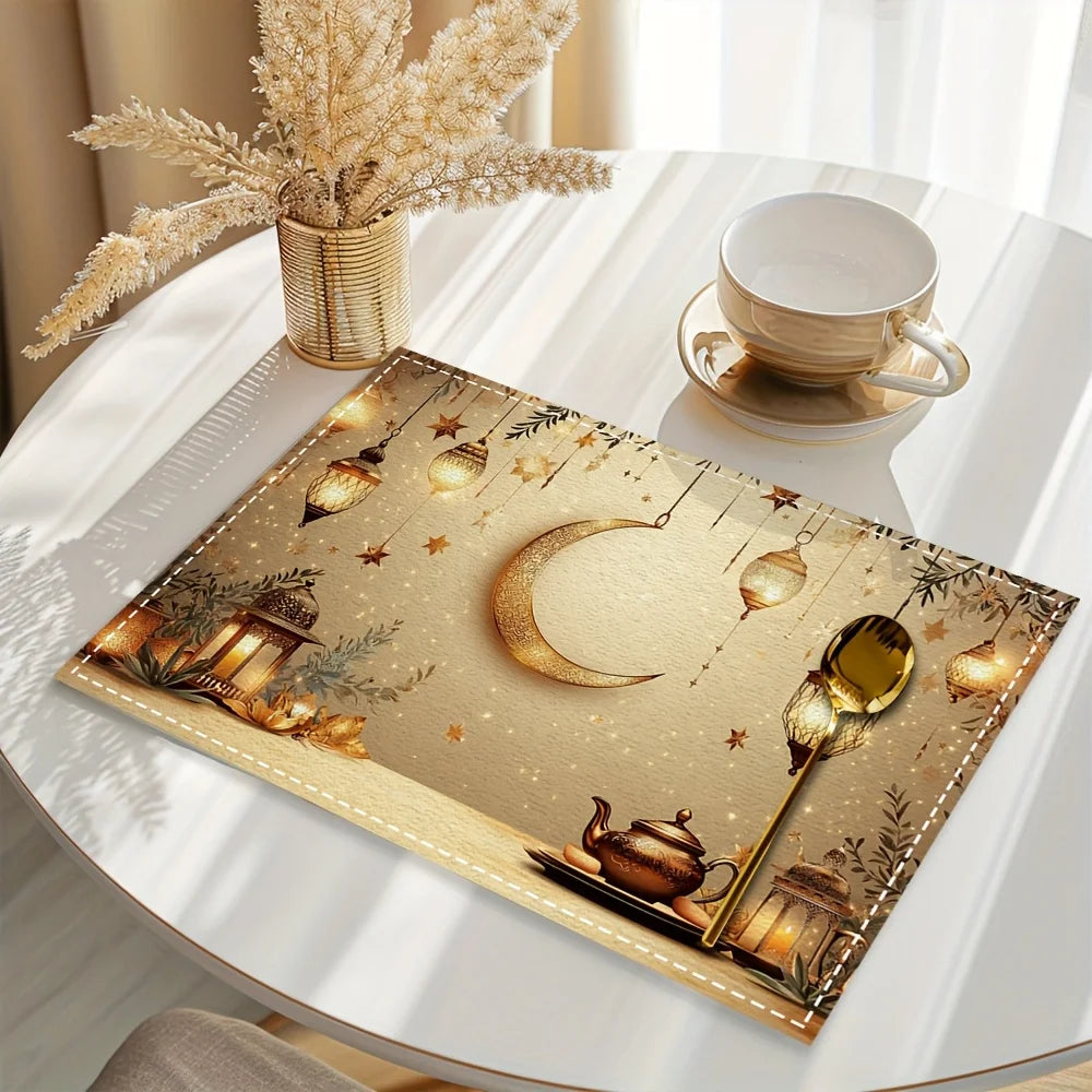 1PC Ramadan Lantern Moon Stars Placemats, Rectangular Linen Table Mats, Heat Resistant Dining Table Protectors, Restaurant Decor