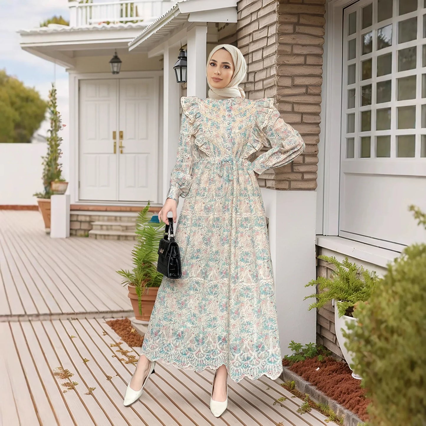 Elegant Ethnic Print Abaya Maxi Dress for Women – Muslim Jalabiya Modest Kaftan for Spring & Autumn