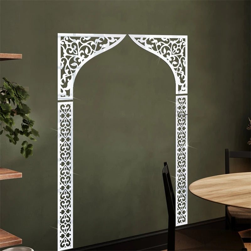 Islamic Arch Mirror Wall Sticker – Gold Acrylic 3D Mosque Frame Decal with Geometric Pattern for Ramadan & Eid Decor