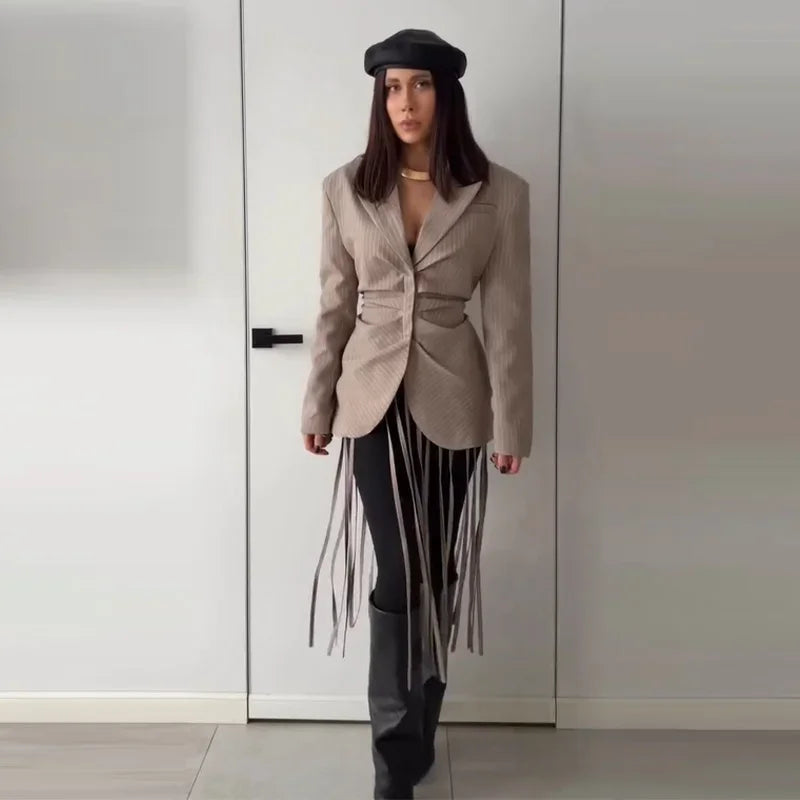Women's Pinstripe Blazer Jacket with Padded Shoulders, Fitted Waist, Turn-Down Collar & Detachable Tassel Straps