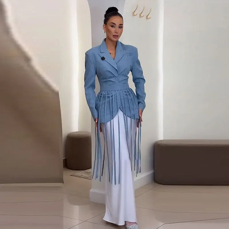 Women's Pinstripe Blazer Jacket with Padded Shoulders, Fitted Waist, Turn-Down Collar & Detachable Tassel Straps