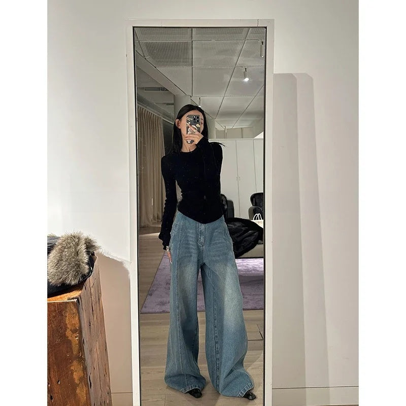 Vintage Y2K Harajuku Streetwear Women's Jeans Wide Leg Trouser Baggy Denim Pants Straight E-girl Style Clothes