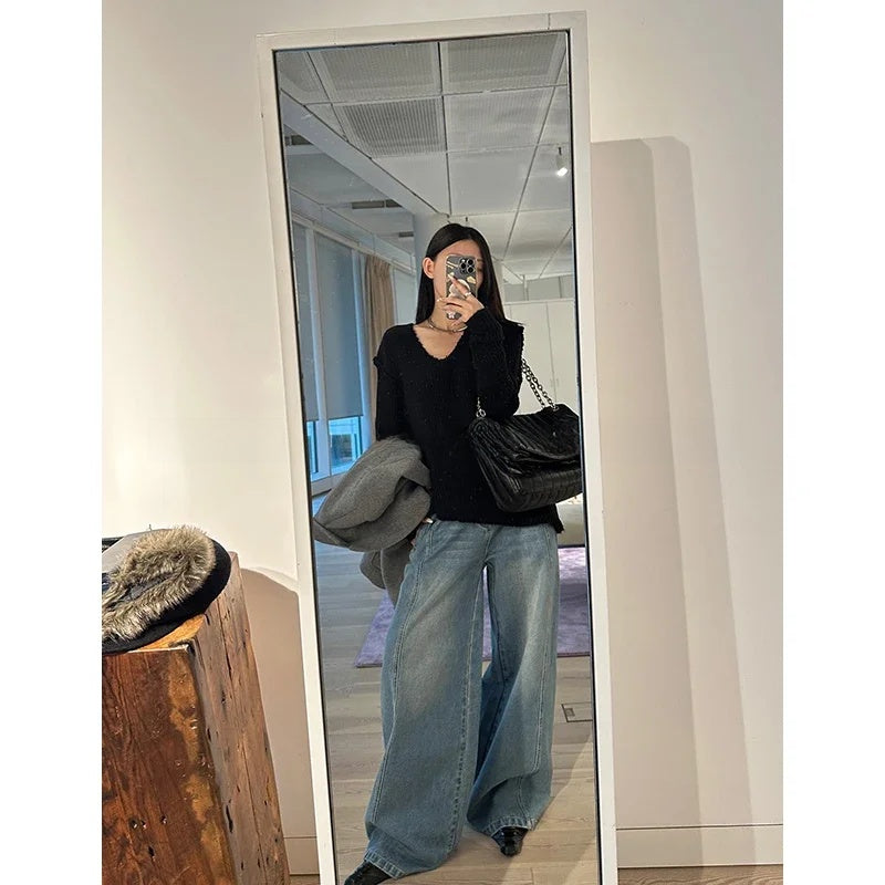 Vintage Y2K Harajuku Streetwear Women's Jeans Wide Leg Trouser Baggy Denim Pants Straight E-girl Style Clothes