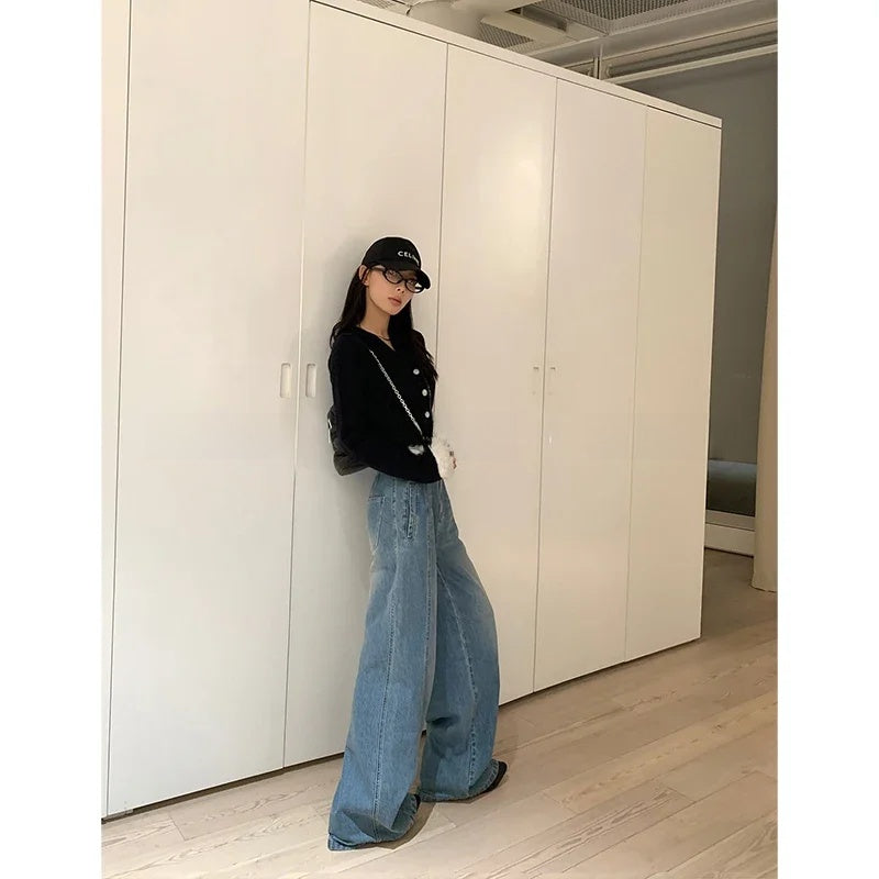 Vintage Y2K Harajuku Streetwear Women's Jeans Wide Leg Trouser Baggy Denim Pants Straight E-girl Style Clothes